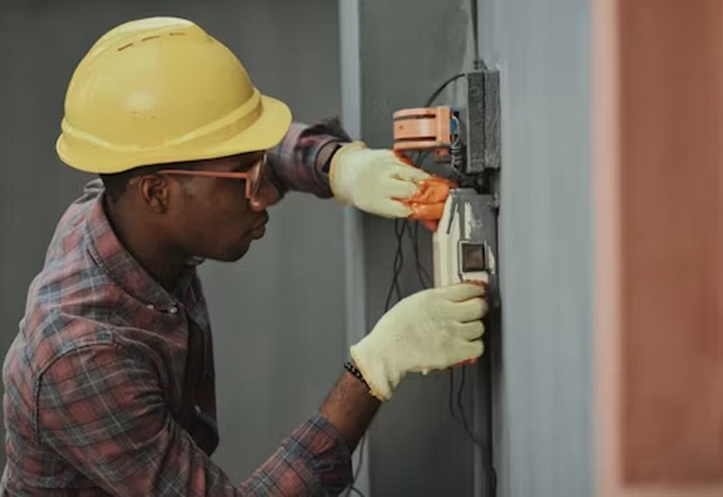 Electrician installing a wall socket in Abuja